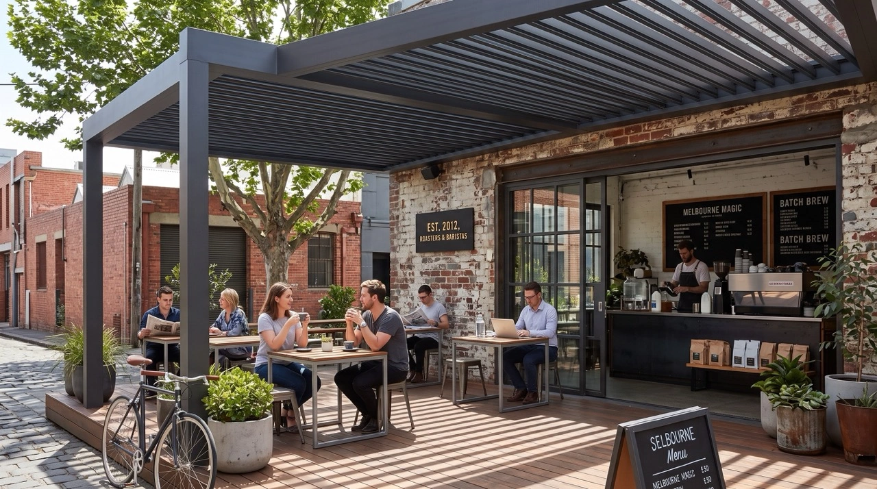 A high-end Melbourne rooftop restaurant terrace at twilight featuring a large dark charcoal grey commercial louver roof system sheltering dining patrons under warm pendant lighting.