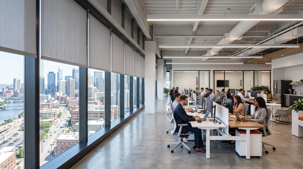 Commercial Spaces 2 An open-plan corporate office space featuring a continuous line of light grey commercial roller blinds cleanly lowered over windows to filter daytime sunlight and eliminate screen glare.