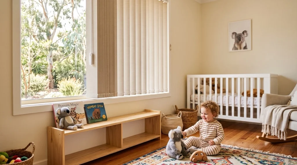 A bright kids' room window fitted with safe, cordless wand-operated vertical blinds.