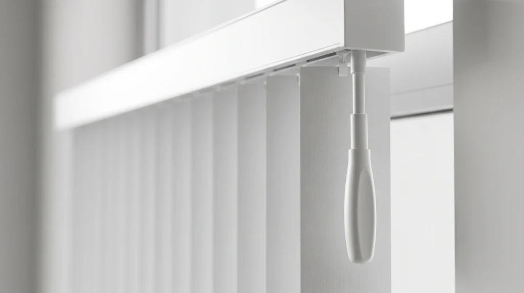 A close-up of a modern wand control mechanism on a vertical blind track, entirely eliminating loose loops and cords.