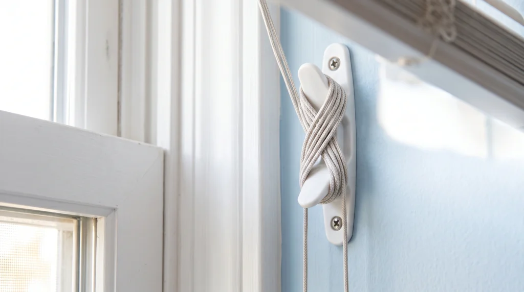 A close-up of a safety cord cleat correctly installed high on a wall above 1,600mm, with the blind cord wrapped securely around it.