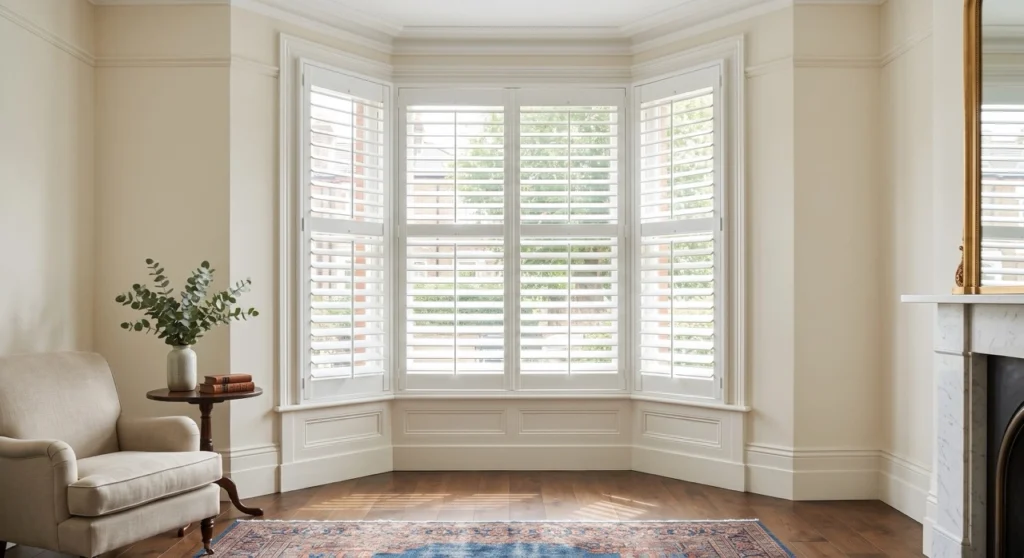 A classic architectural bay window perfectly fitted with custom tailored white plantation shutters showcasing a flawless, seamless fit.