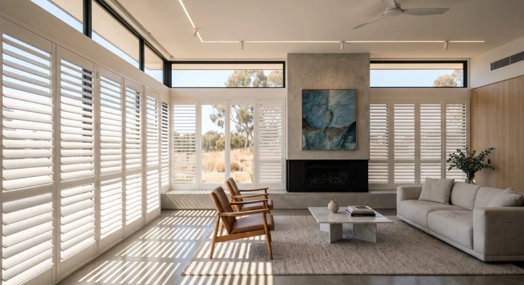 Modern plantation shutters adjusted to block out direct summer solar heat gain and insulate a contemporary living room.