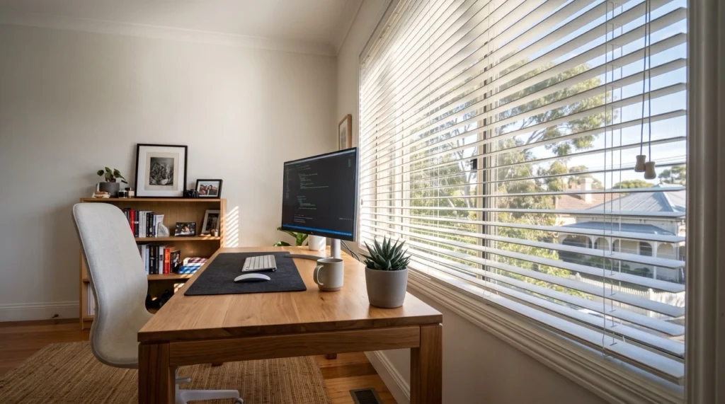A home office desk positioned perpendicular to a window with tilted blind slats redirecting daylight upward to prevent screen glare.