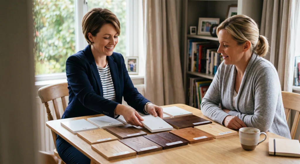 An IMEKO Blinds consultant presenting white PVC and natural timber shutter material sample swatches during an in-home measure and quote consultation.