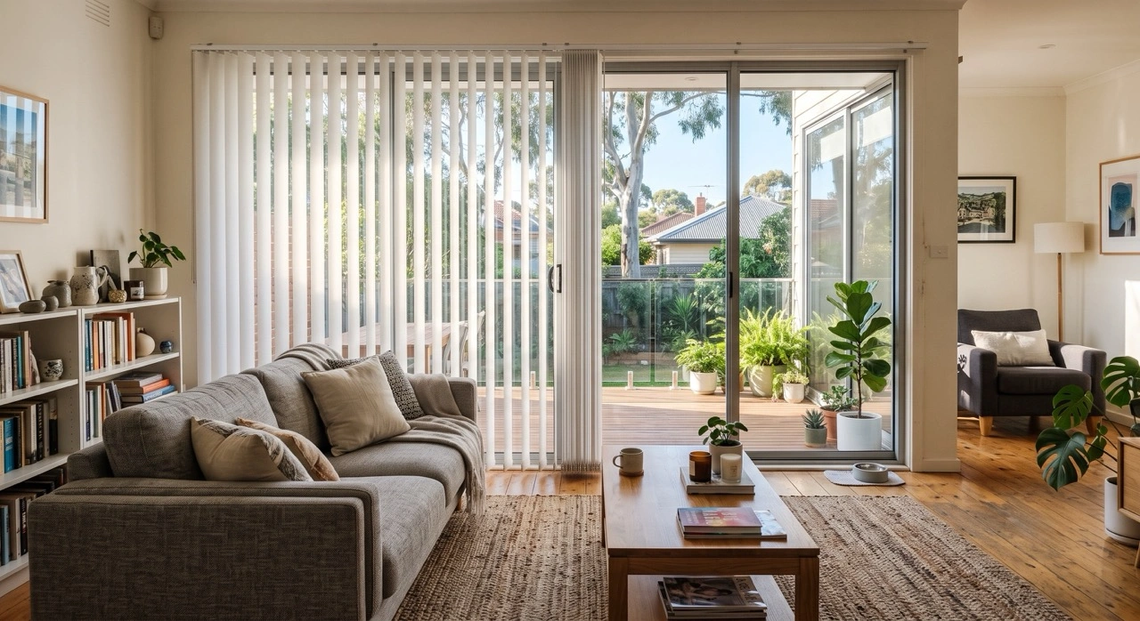Choosing the Right Blinds which light filtering vertical blinds softening bright afternoon sun in a modern Melbourne living room opening to a garden.