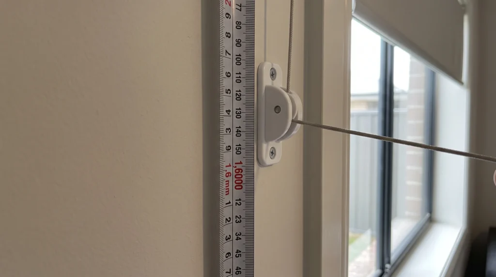 A tape measure checking a window frame to ensure the blind cord guide is installed above the mandatory 1,600mm safety line which crucial for child-safe blinds.