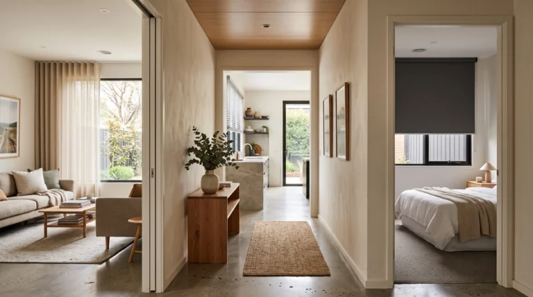 An architectural view from a hallway looking into a living room, bedroom, and kitchen, showcasing a different style of blind in each room.