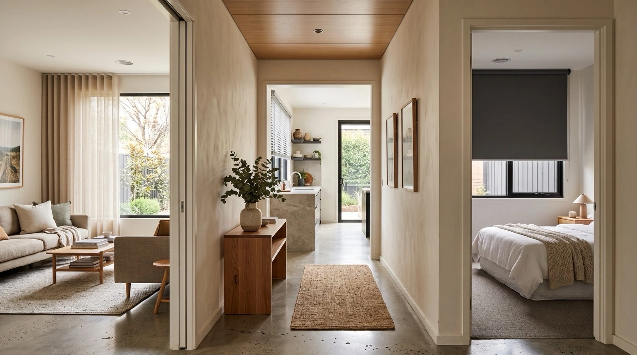 An architectural view from a hallway looking into a living room, bedroom, and kitchen, showcasing a different style of blind in each room.