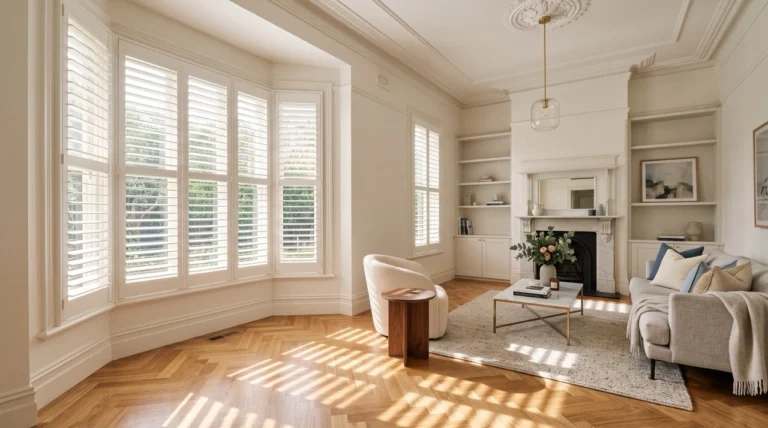 Classic white plantation shutters installed in an elegant Melbourne period home living room with warm natural light streaming through partially tilted louvres.