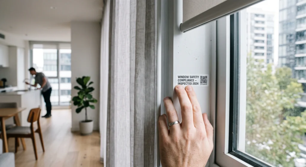 A property manager or tenant checking a window treatment for safety standard compliance in a Melbourne rental property.