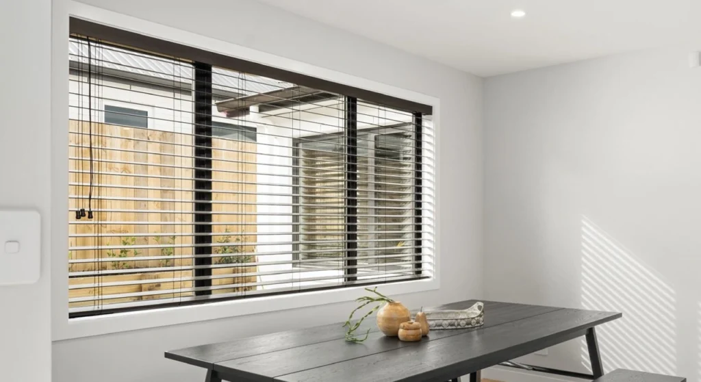 Clean venetian blinds installed in a modern Melbourne living room filtering natural daylight from a garden view.