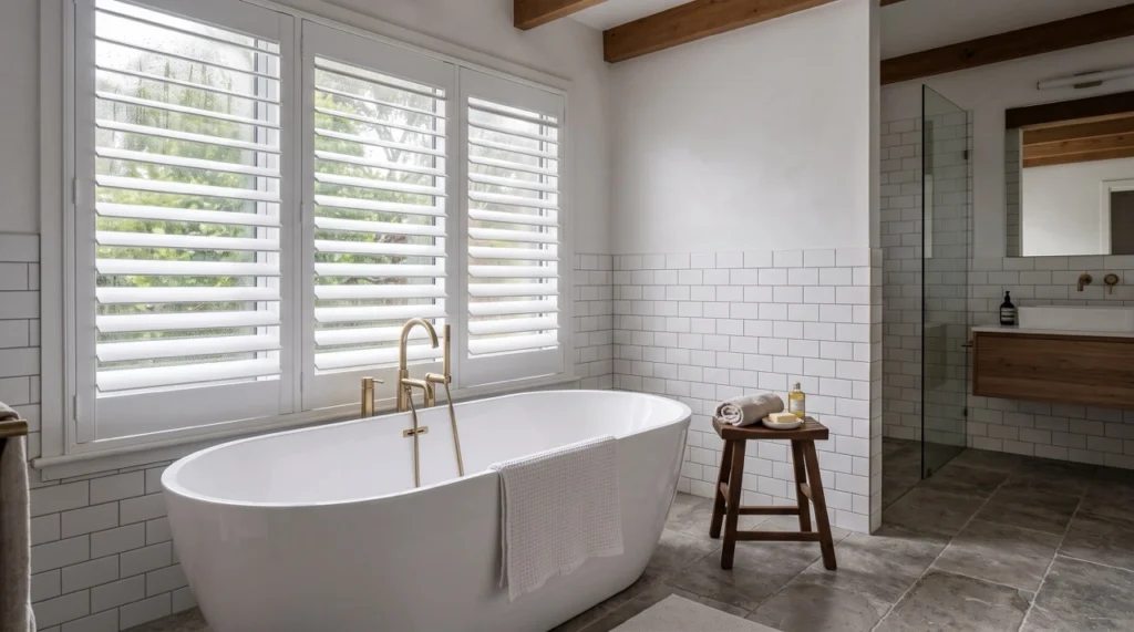 Moisture-resistant white PVC plantation shutters installed over a window next to a ceramic bathtub.