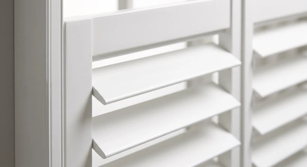 Close-up of white plantation shutter louvres partially open, highlighting the premium craftsmanship and solid frame construction.