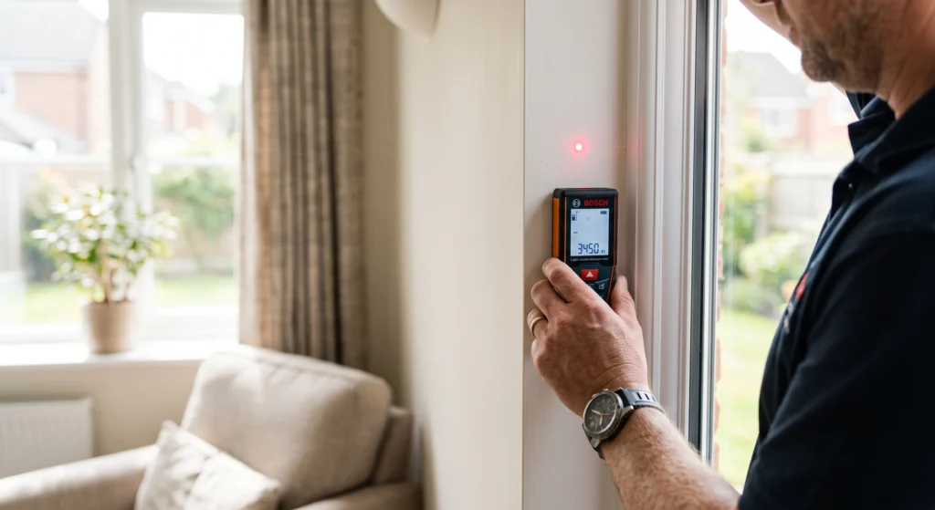 A professional technician using a digital laser measure tool to precisely audit a window frame recess for a calculate custom plantation shutters cost.