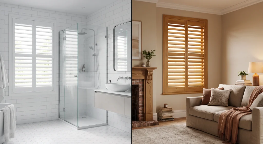 Side-by-side comparison showing moisture-resistant Polyshield PVC shutters in a bathroom on the left, and natural grain Basswood shutters in a living room on the right.