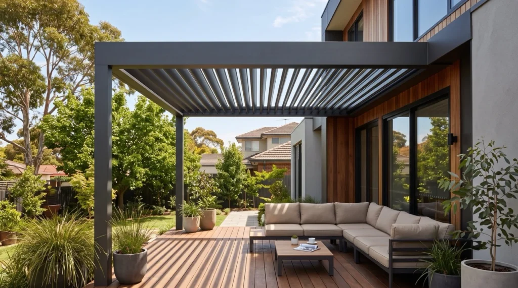 A portrait architectural shot of a luxury residential pool area featuring a modern dark charcoal grey freestanding louver roof sheltering an outdoor kitchen and lounge space.