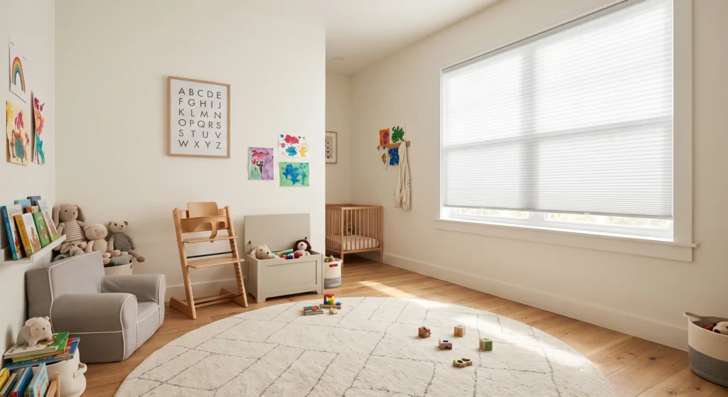 A child's room layout showing climbable furniture, chairs, and play mats positioned far away from corded windows.