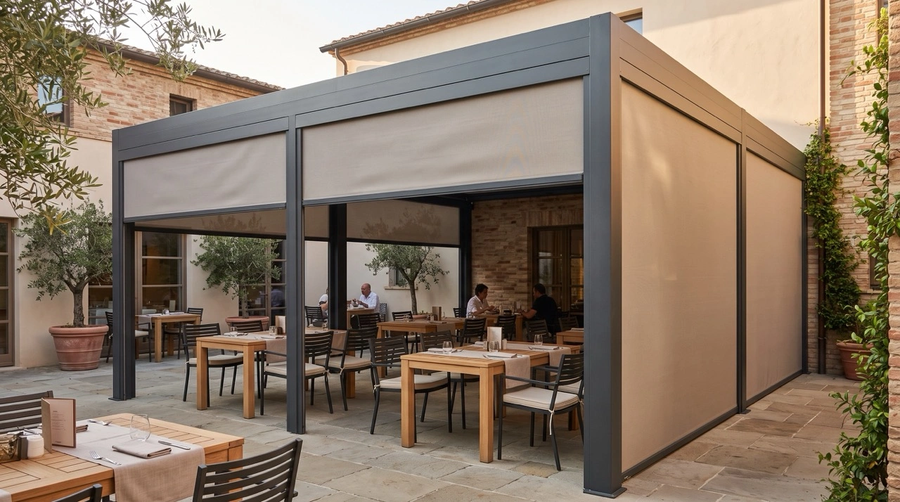 Commercial Spaces 6 A commercial restaurant outdoor dining terrace enclosed with heavy-duty track-guided external blinds locked securely into vertical aluminum side rails to block the wind.