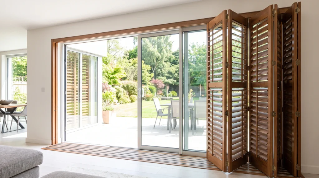 A custom bi-fold tracked plantation shutter door system folded open next to a large glass patio sliding door.
