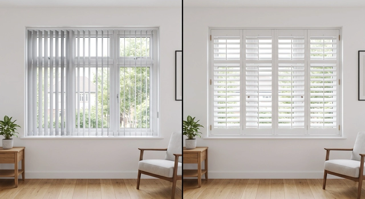 Side-by-side comparison of a Plantation Shutters vs Blinds on the left and premium white plantation shutters on the right.