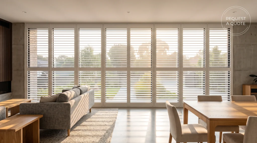 A large-scale plantation shutter installation uniform across multiple windows in a modern open-plan living space.