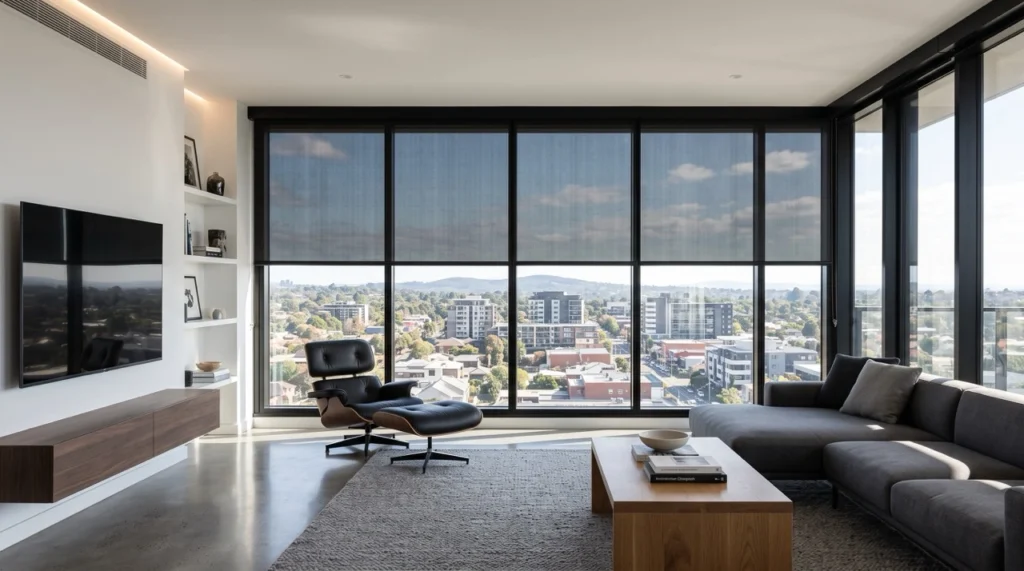 Custom blinds and curtains Box Hill installation showing dual-bracket solar screen and blockout roller blinds in a modern high-rise living space.
