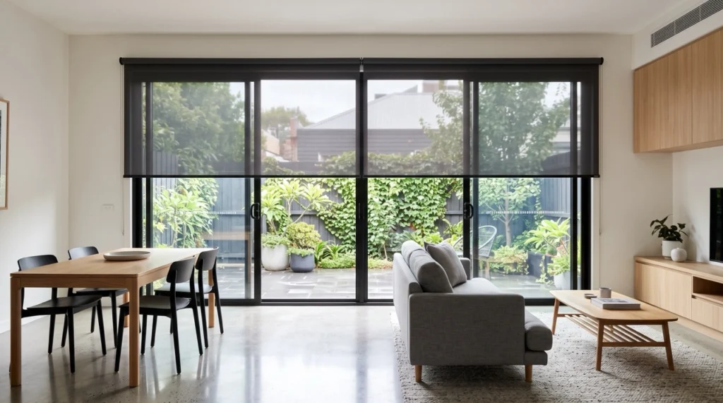 Custom blinds and curtains Brunswick installation showing dual-bracket sunscreen and blockout roller blinds over courtyard sliding glass doors.