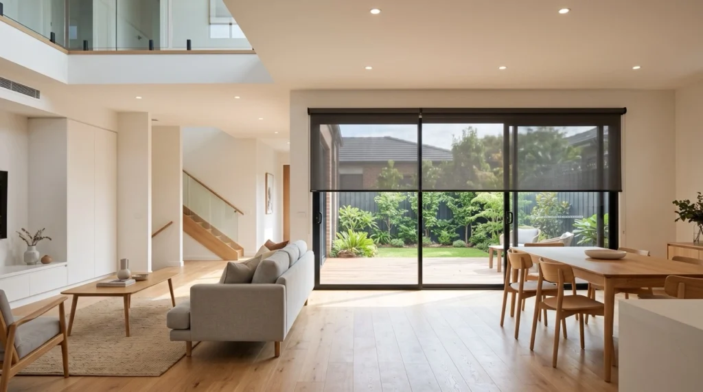 Custom blinds and curtains Burwood installation showing dual-bracket sunscreen and blockout roller blinds over sliding patio doors.