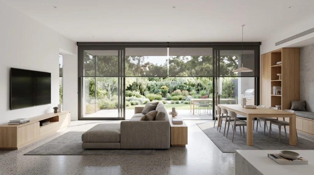 Blinds and Curtains Glen Waverley 1 Custom blinds and curtains Glen Waverley installation featuring dual sunscreen and blockout roller blinds over wide sliding glass patio doors.