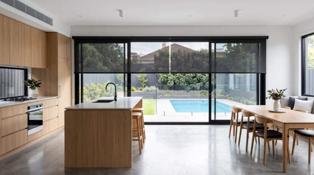 Blinds and Curtains Kew 3 Custom blinds and curtains Kew installation featuring dual-bracket solar screen and blockout roller blinds over garden sliding doors.