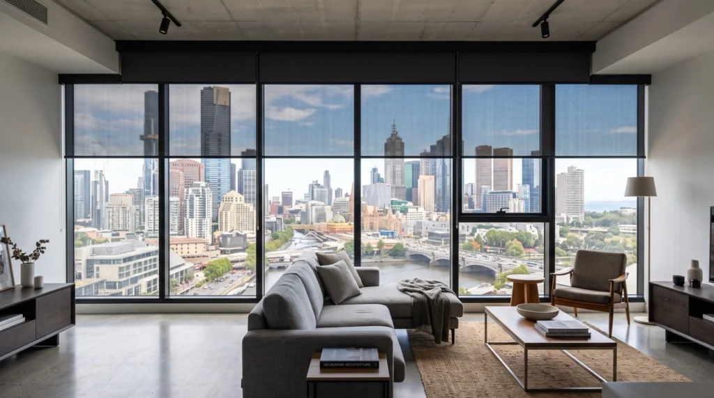 Custom blinds and curtains Melbourne CBD installation featuring dual-bracket solar screen and blockout roller blinds in a modern high-rise apartment overlooking the skyline.