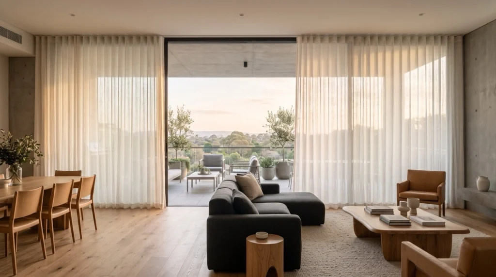 Custom linen S-fold sheer blinds and curtains Box Hill installation hung from a ceiling track across expansive sliding glass doors.