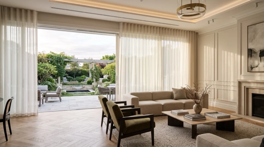 Blinds and Curtains Hawthorn 1 Custom linen S-fold sheer blinds and curtains Hawthorn installation hung from a ceiling-recessed track across expansive garden glass doors.