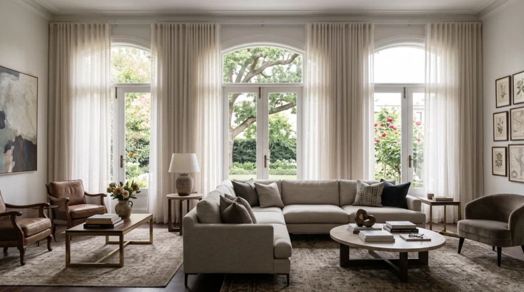 Blinds and Curtains Kew 1 Custom linen S-fold sheer blinds and curtains Kew installation hung from a high-ceiling track framing leafy garden views.