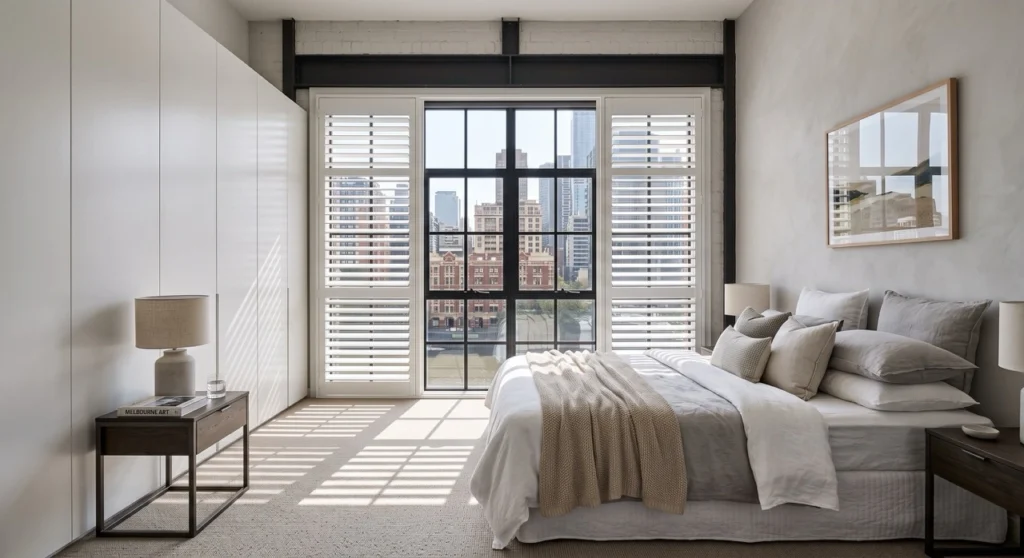 Custom white timber plantation shutters from our blinds and curtains Melbourne CBD collection fitted flush into an urban apartment bedroom window frame.