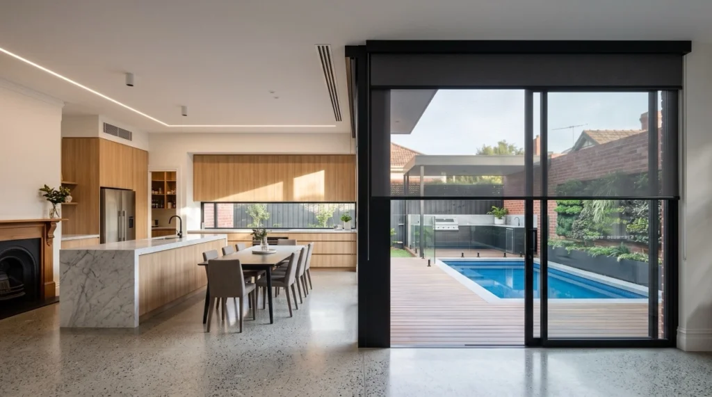 Blinds and Curtains Hawthorn 3 Custom blinds and curtains Hawthorn installation showing dual-bracket solar screen and blockout roller blinds over garden sliding glass doors.