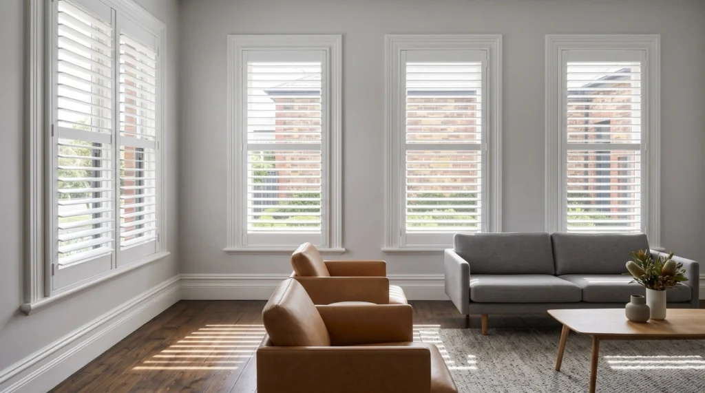 Blinds and Curtains Hawthorn 2 Custom white timber plantation shutters from our blinds and curtains Hawthorn range fitted flush into a heritage sash window frame.