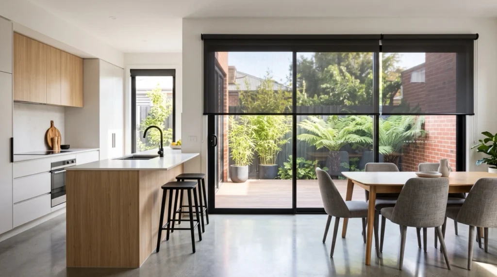 Blinds and Curtains Richmond 3 Custom blinds and curtains Richmond installation showing dual-bracket sunscreen and blockout roller blinds over modern courtyard sliding doors.