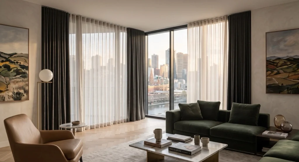 Floor-to-ceiling custom linen S-fold sheer blinds and curtains Melbourne CBD installation hung on a ceiling track in a luxury penthouse lounge.