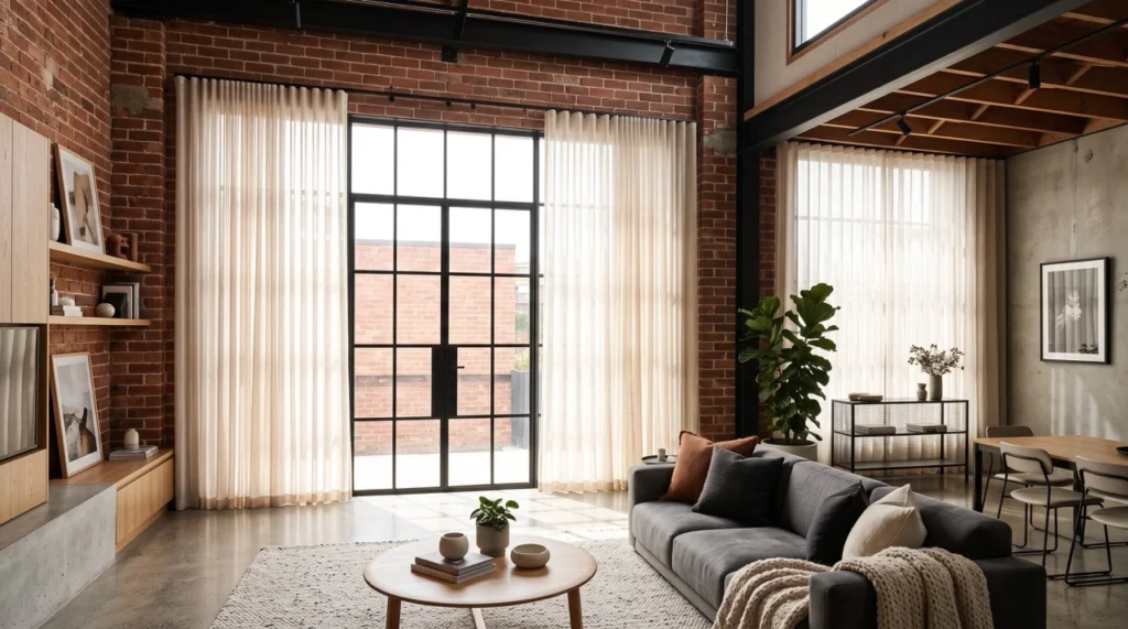 Custom linen S-fold sheer blinds and curtains Brunswick installation hung against exposed brickwork in a high-ceiling loft lounge.