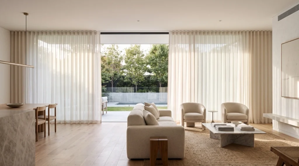Custom linen S-fold sheer blinds and curtains Burwood installation hung from a ceiling-recessed track across wide garden glass doors.