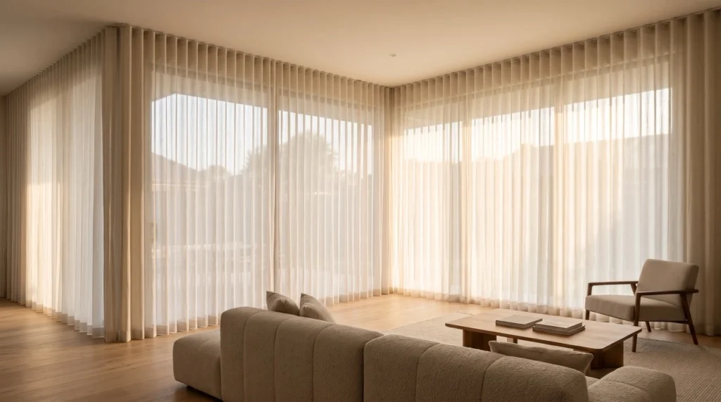 Blinds and Curtains Glen Waverley 3 Custom linen S-fold sheer blinds and curtains Glen Waverley installation hung from a ceiling track across expansive high-ceiling living room windows.