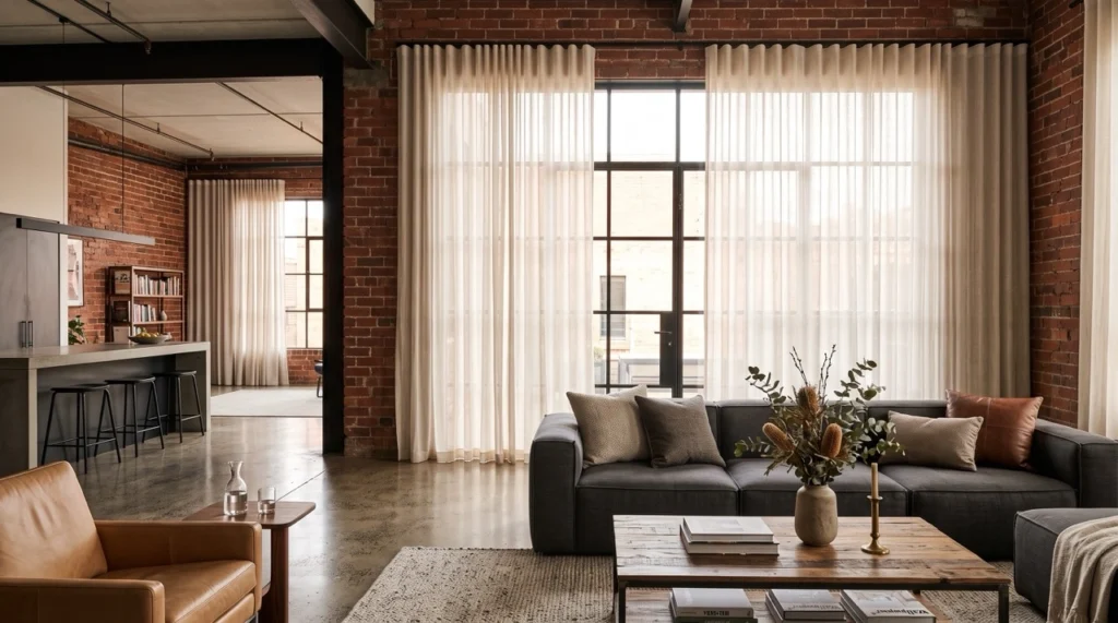 Blinds and Curtains Richmond 2 Custom linen S-fold sheer blinds and curtains Richmond installation hung against exposed brick in a high-ceiling warehouse loft.