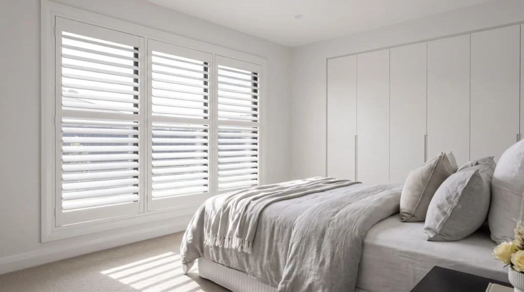 Custom white timber plantation shutters from our blinds and curtains Box Hill collection fitted flush into a master bedroom window frame.