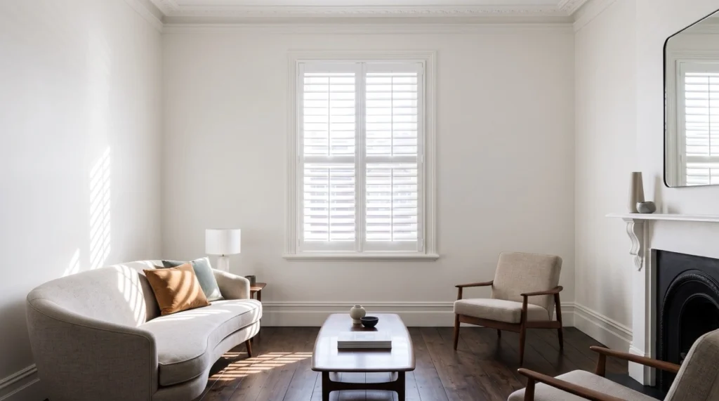 Custom white timber plantation shutters from our blinds and curtains Brunswick range fitted flush into a Victorian cottage window reveal.