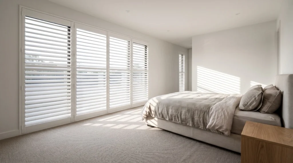 Custom white timber plantation shutters from our blinds and curtains Burwood collection fitted flush into a master bedroom window frame.
