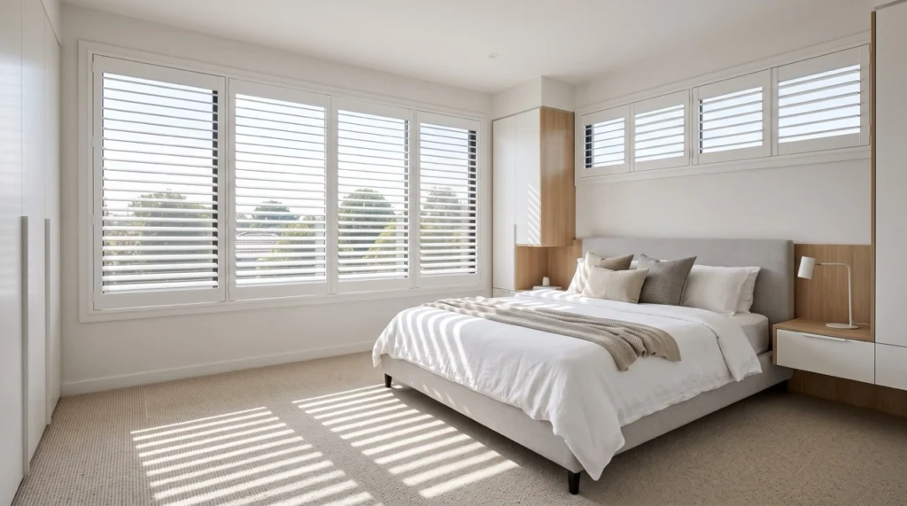 Blinds and Curtains Glen Waverley 2 Custom white timber plantation shutters from our blinds and curtains Glen Waverley collection fitted flush into a master bedroom window reveal.