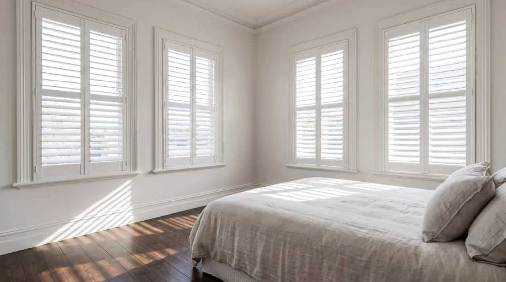 Blinds and Curtains Kew 2 Custom white timber plantation shutters from our blinds and curtains Kew collection fitted flush into a heritage sash window.