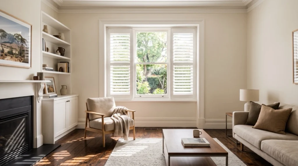 Blinds and Curtains Richmond 1 Custom white timber plantation shutters from our blinds and curtains Richmond range fitted flush into a Victorian cottage window reveal.